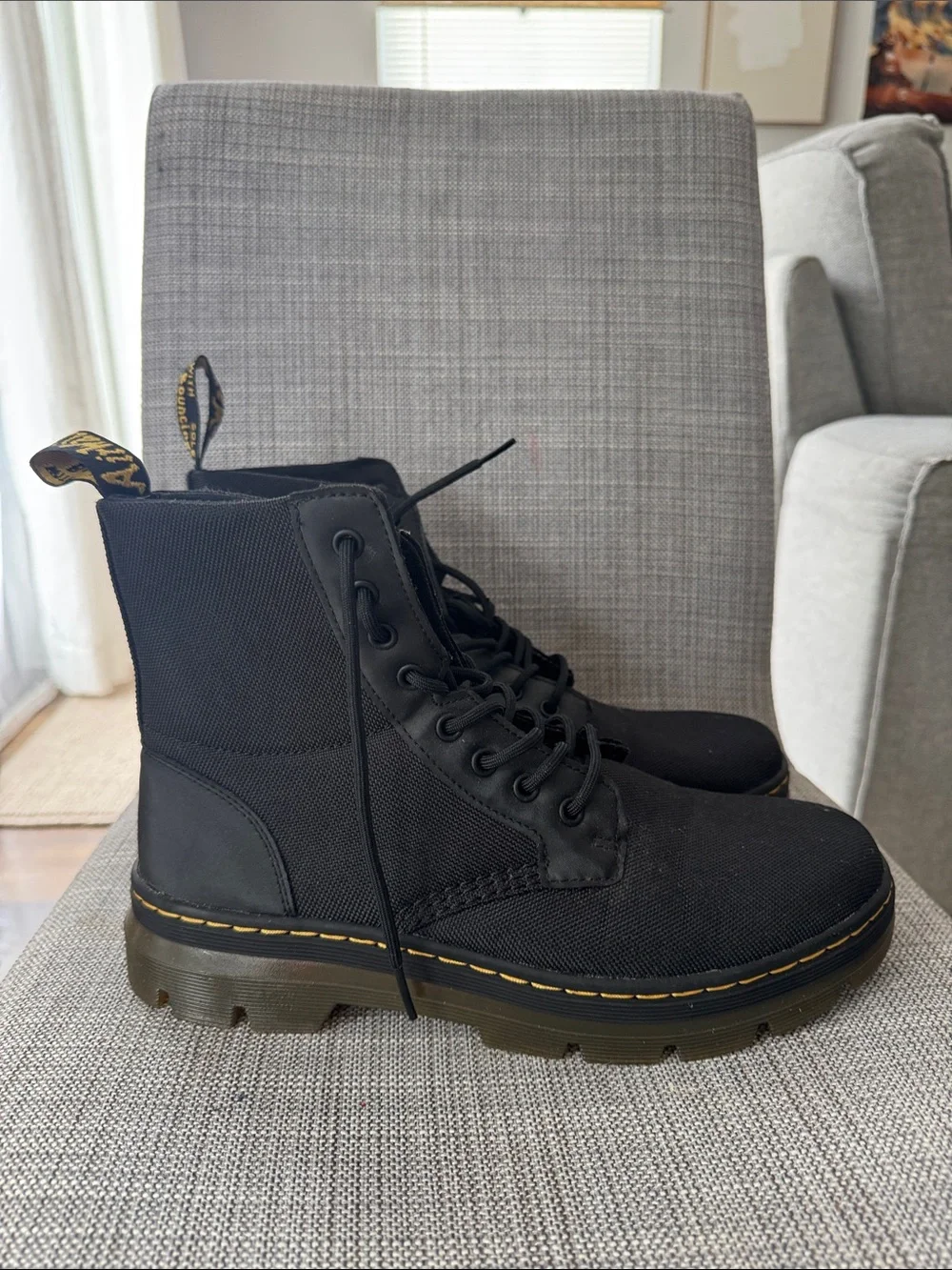 Dr. Martens Black Canvas Combat Boots with Yellow Stitching